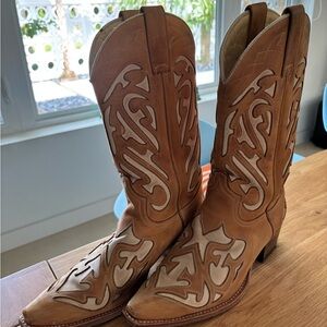 Frye Heeled Boots Brown and Tan with Intricate Stitching